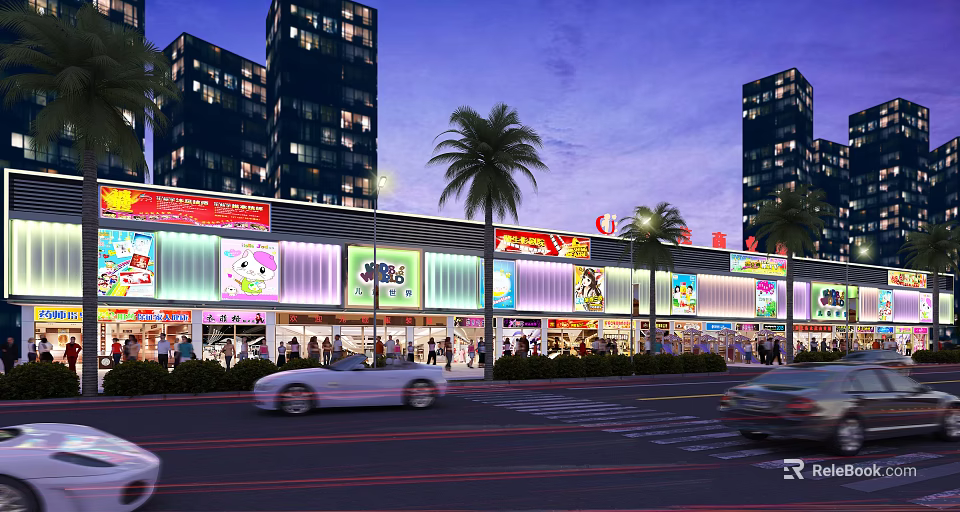 Evening Commercial Street with High Rise Buildings Palm Trees Shops Pedestrians and Moving Cars 3d model 