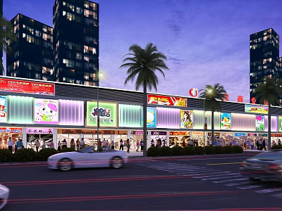 Evening Commercial Street with High Rise Buildings Palm Trees Shops Pedestrians and Moving Cars 3d model