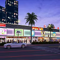 Evening Commercial Street with High Rise Buildings Palm Trees Shops Pedestrians and Moving Cars