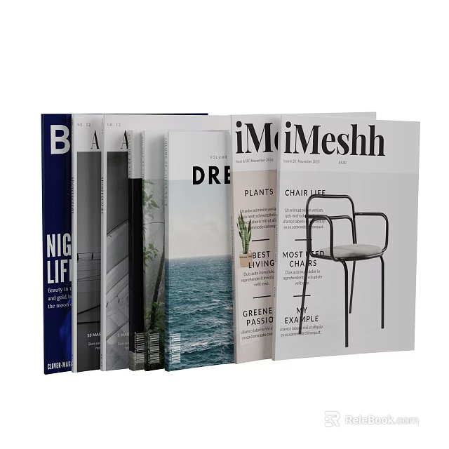 Diverse Magazine Covers Featuring Lifestyle Design Plant Chair And Seaside Scenery 3d model 