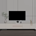 Modern White TV Stand Under Wall Mounted TV With Decorative Plant And Rabbit Figurine