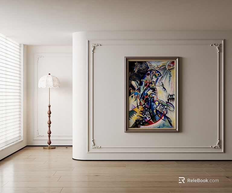 Abstract Painting Hanging In Modern Interior With White Wall Wooden Floor And Floor Lamp 3d model 