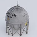 Industrial Metal Metan Storage Tank With Gray Exterior And Warning Signs Supports Ladder