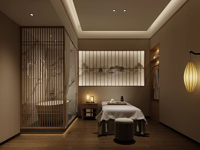 Serene SPA Sauna Room Interior With Massage Bed Wooden Screen And Soft Lighting 3d model