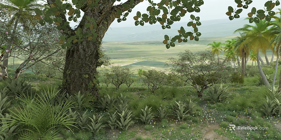 Lush Green Landscape With Ancient Tree Rolling Hills Low Shrubs And Wildflowers 3d model 