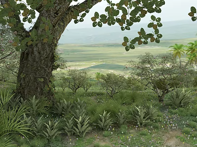 Lush Green Landscape With Ancient Tree Rolling Hills Low Shrubs And Wildflowers 3d model