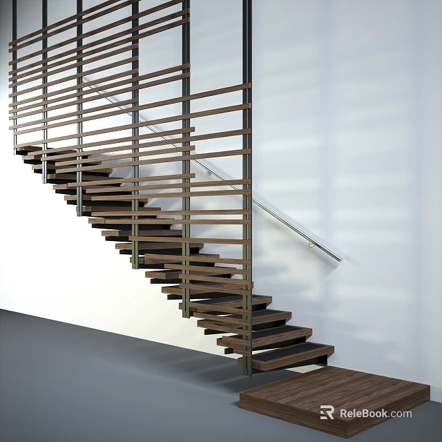 Modern Staircase Design With Wooden Steps Metal Railing White Wall And Gray Floor 3d model 