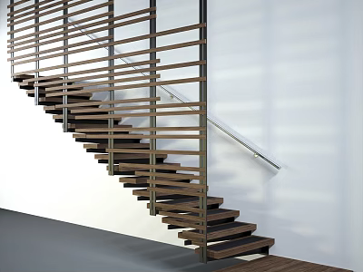 Modern Staircase Design With Wooden Steps Metal Railing White Wall And Gray Floor 3d model