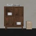 Wooden Entryway Console Cabinet With Mesh Doors Decorative Items On Top And Rattan Basket Beside
