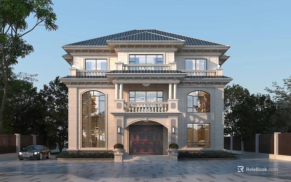 Stunning Two Story European Style Detached Villa With Arched Windows And Grand Wooden Door 3d model 