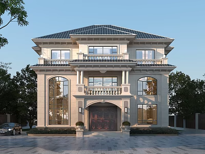 Stunning Two Story European Style Detached Villa With Arched Windows And Grand Wooden Door 3d model