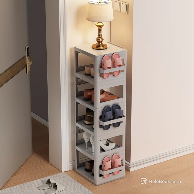 Grey Multi Tiered Shoe Rack in Entryway with Gold Lamp and Various Shoes 3d model 