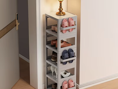 Grey Multi Tiered Shoe Rack in Entryway with Gold Lamp and Various Shoes 3d model