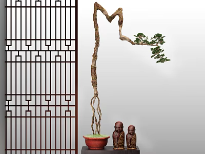 Chinese Style Decorative Ornament Set with Lattice Screen Bonsai Tree and Small Figurines 3d model