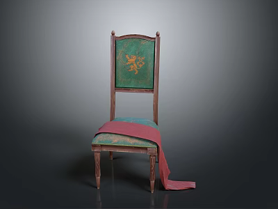 Decorative Wooden Chair With Green Backrest Golden Pattern Red Fabric And Wooden Legs 3d model