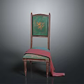 Decorative Wooden Chair With Green Backrest Golden Pattern Red Fabric And Wooden Legs