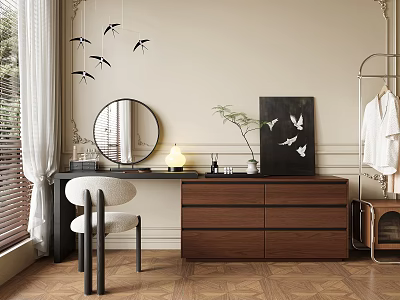 Stylish Brown Wooden Dresser With Round Mirror White Chair Potted Plant And Decorative Painting 3d model