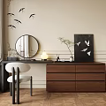 Stylish Brown Wooden Dresser With Round Mirror White Chair Potted Plant And Decorative Painting