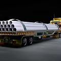 Yellow Utility Truck With Long Trailer Carrying Cylindrical Pipes on Road