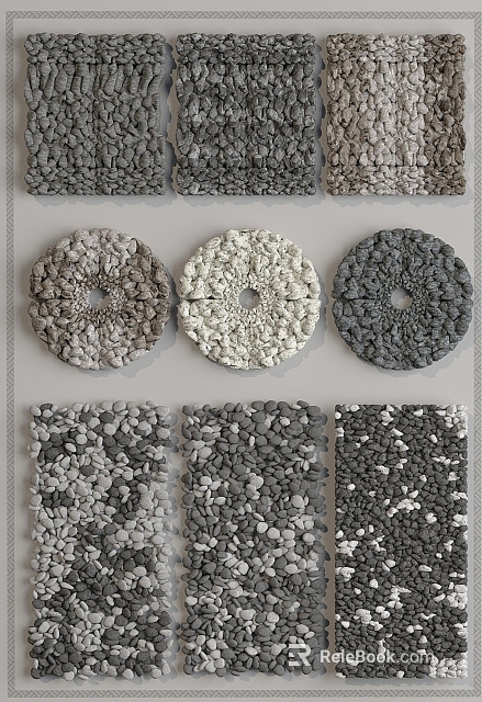 Pebble Textured Stepping Stones in Various Shapes and Gray White Dark Color Tones 3d model 