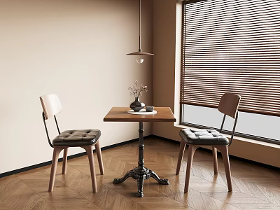 Wooden Table And Chairs Set With Upholstered Seats On Herringbone Floor And Hanging Lamp 3d model