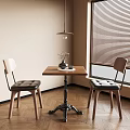 Wooden Table And Chairs Set With Upholstered Seats On Herringbone Floor And Hanging Lamp