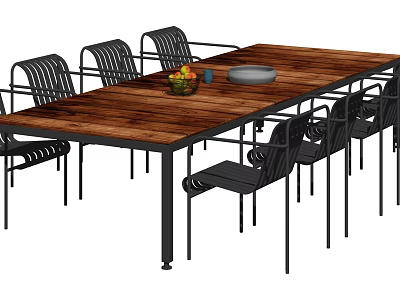 Dining Table Set With Wooden Top Black Metal Frame Chairs Fruit Bowl And Plate 3d model