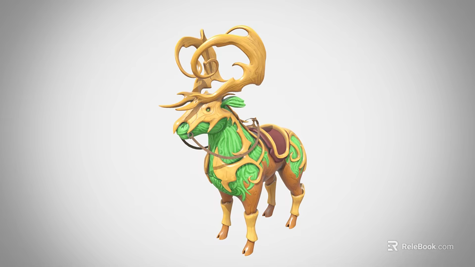 Fantasy Game Character Deer With Curled Golden Antlers Green Body And Decorative Saddle 3d model 