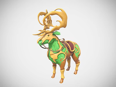 Fantasy Game Character Deer With Curled Golden Antlers Green Body And Decorative Saddle 3d model