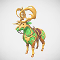 Fantasy Game Character Deer With Curled Golden Antlers Green Body And Decorative Saddle