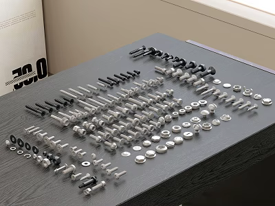 Variety Of Hardware Tools Including Screws Nuts Bolts Washers On Table 3d model