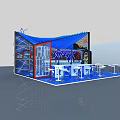 Modern Blue Exhibition Booth With Tent Design Display Screens And Tables 3d model