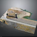 Detailed Terrain Model Scene with Road Water Body and Tower Structure