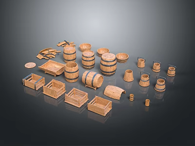 Wooden Household Items Including Barrels Baskets And Storage Containers For Home Use 3d model