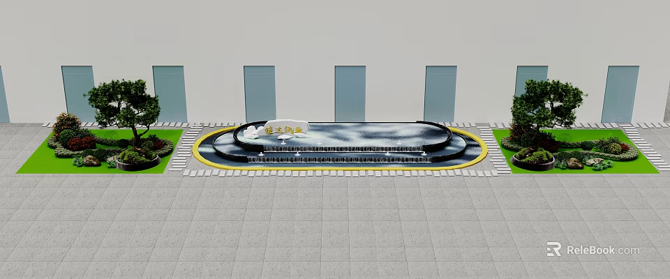 Garden Landscape With Circular Water Feature White Sculpture Yellow Gray Paving Green Lawns And Trees 3d model 