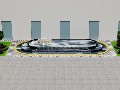 Garden Landscape With Circular Water Feature White Sculpture Yellow Gray Paving Green Lawns And Trees 3d model