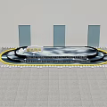 Garden Landscape With Circular Water Feature White Sculpture Yellow Gray Paving Green Lawns And Trees