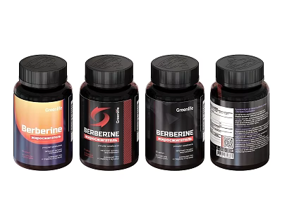 Berberine Supplement Bottles Featuring Various Colored Labels And Packaging Designs 3d model