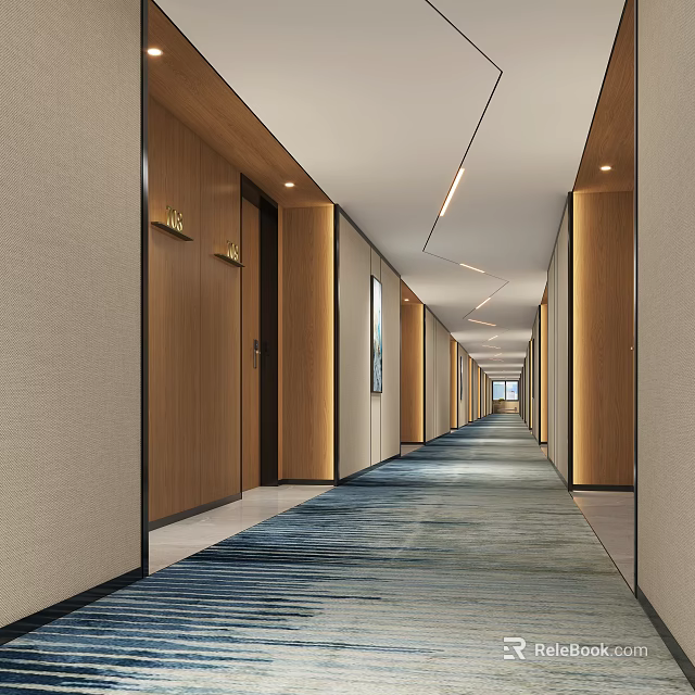 Modern Hotel Corridor with Wooden Doors Blue Carpet Light Walls and Ceiling Lights 3d model 