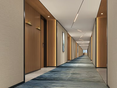 Modern Hotel Corridor with Wooden Doors Blue Carpet Light Walls and Ceiling Lights 3d model