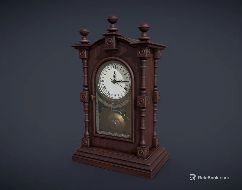 Vintage Wooden Mantel Clock with Carved Details White Dial Black Hands and Pendulum 3d model 