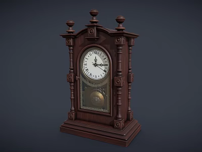 Vintage Wooden Mantel Clock with Carved Details White Dial Black Hands and Pendulum 3d model