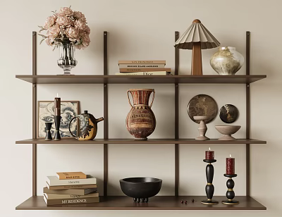 Vintage Decorative Ornament Combination With Shelf Display Including Flowers Books Lamp Pottery And Candle Holders 3d model