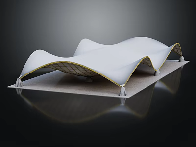 White Wavy Modern Architectural Canopy With Golden Trim And Supporting Columns 3d model
