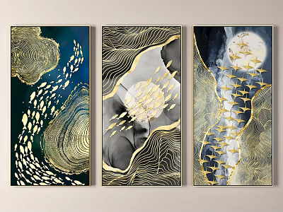 Three Panel Abstract Paintings With Gold Accents Wavy Lines And Dynamic Patterns 3d model