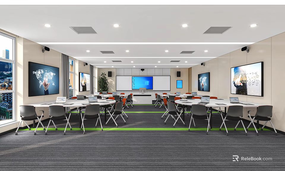School Modern Classroom With Open Layout Multimedia Equipment Large Screens Tables And Green Plants 3d model 