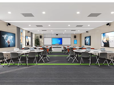 School Modern Classroom With Open Layout Multimedia Equipment Large Screens Tables And Green Plants 3d model