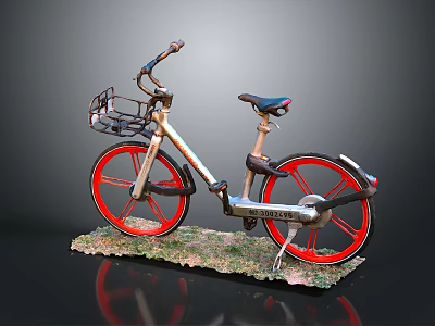 Light Colored Bicycle with Red Wheels and Handlebar Basket on Grass Base 3d model