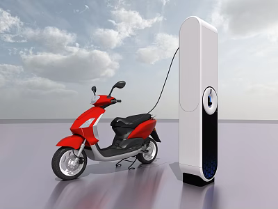 Red Electric Scooter Charging At Charging Station Under Cloudy Sky 3d model