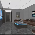 Modern KTV Room Interior With Brown Leather Sofas Large Screen TV And Coffee Table